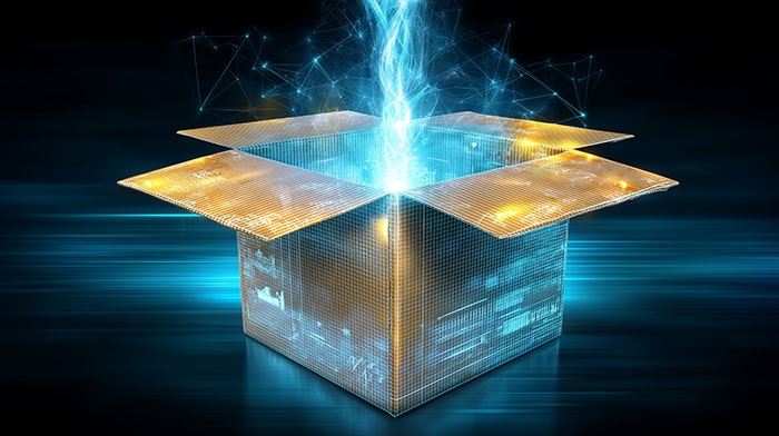 Gift box opening with bright light beams illuminating the parcel contents Generative AI